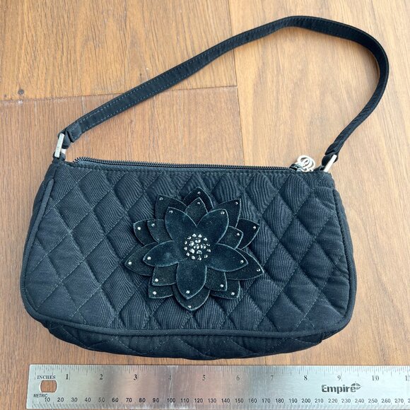 Vera Bradley Handbags - Vera Bradley Black Quilted purse with black rhinestones and suede flower